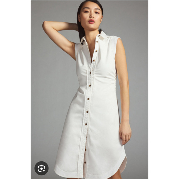 ANTHROPOLOGIE Pilcro 10P Dress Ivory Sleeveless Shirtdress Ruched Button Shirt - Picture 1 of 8